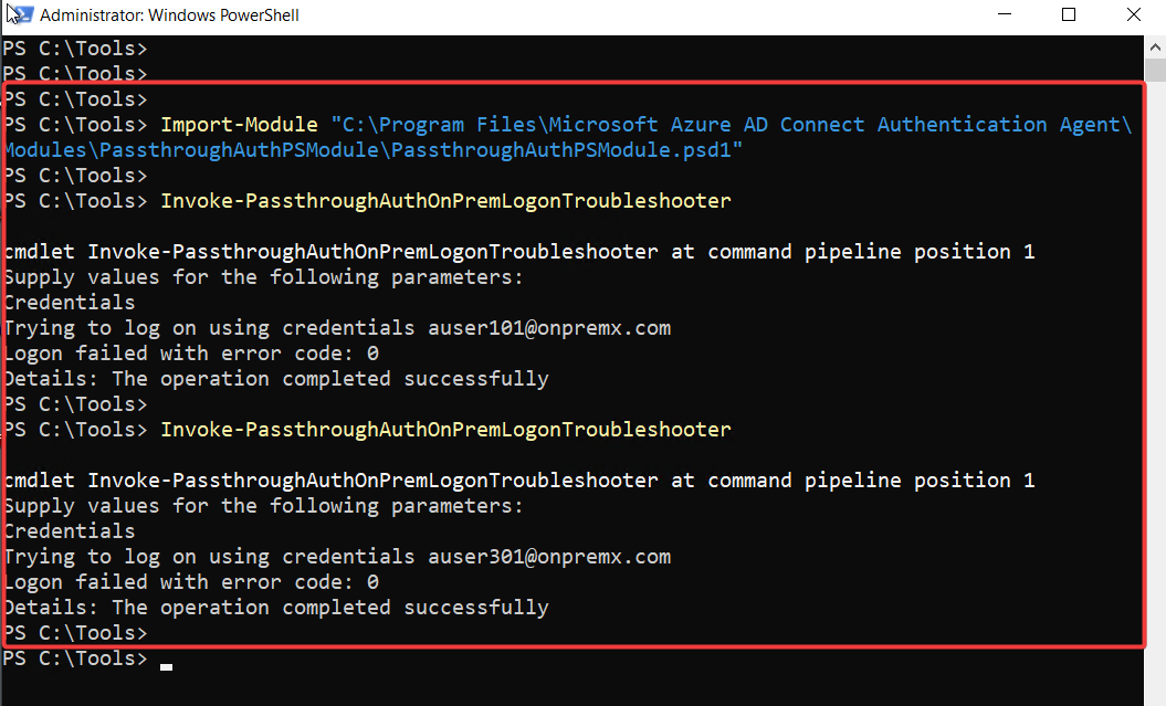 Microsoft Entra Pass-through Authentication troubleshooter showing successful error code 0 validation for users in both lab.local and lab3.local forests.