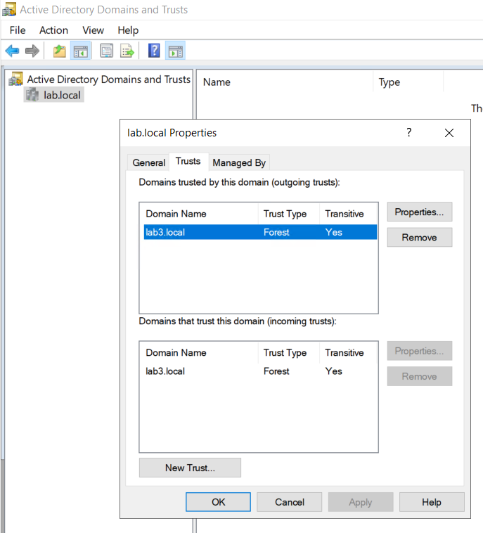 Active Directory Domains and Trusts showing a two-way transitive forest trust between lab.local and lab3.local.