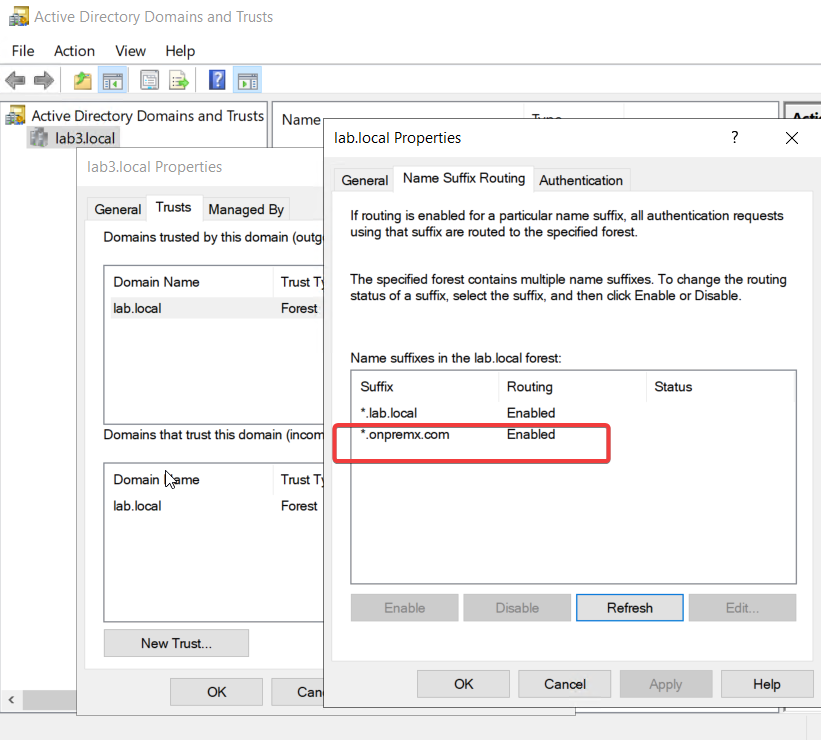 Active Directory forest trust Name Suffix Routing showing the onpremx.com suffix enabled for routing to lab.local.