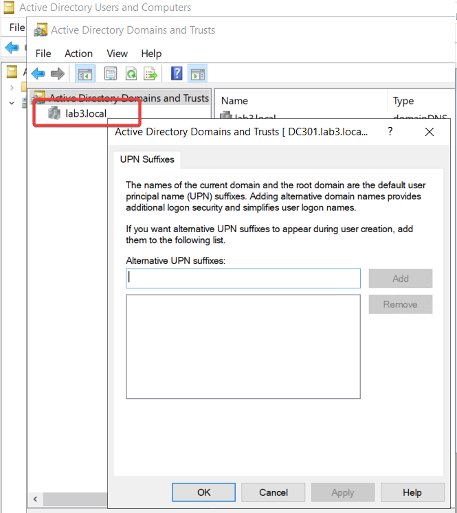 Active Directory Domains and Trusts on lab3.local showing an empty Alternative UPN suffix list after removing the duplicate onpremx.com suffix.