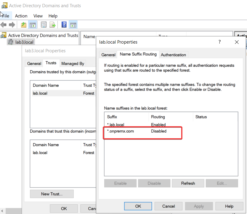 Active Directory forest trust Name Suffix Routing showing the onpremx.com suffix disabled for routing to lab.local.