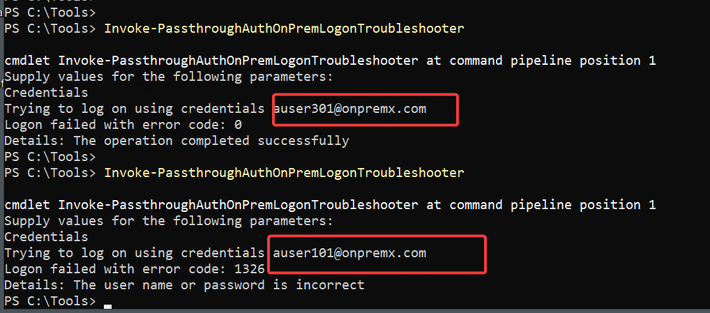 Microsoft Entra PTA troubleshooter showing local forest user auser301 succeeding with error code 0 while remote forest user auser101 fails with error code 1326.