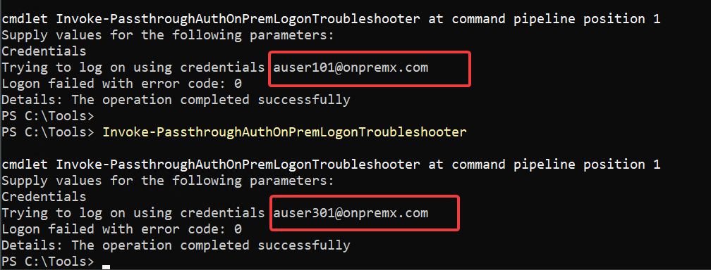 Microsoft Entra PTA troubleshooter showing both auser101 and auser301 succeeding with error code 0 after Name Suffix Routing was re-enabled.