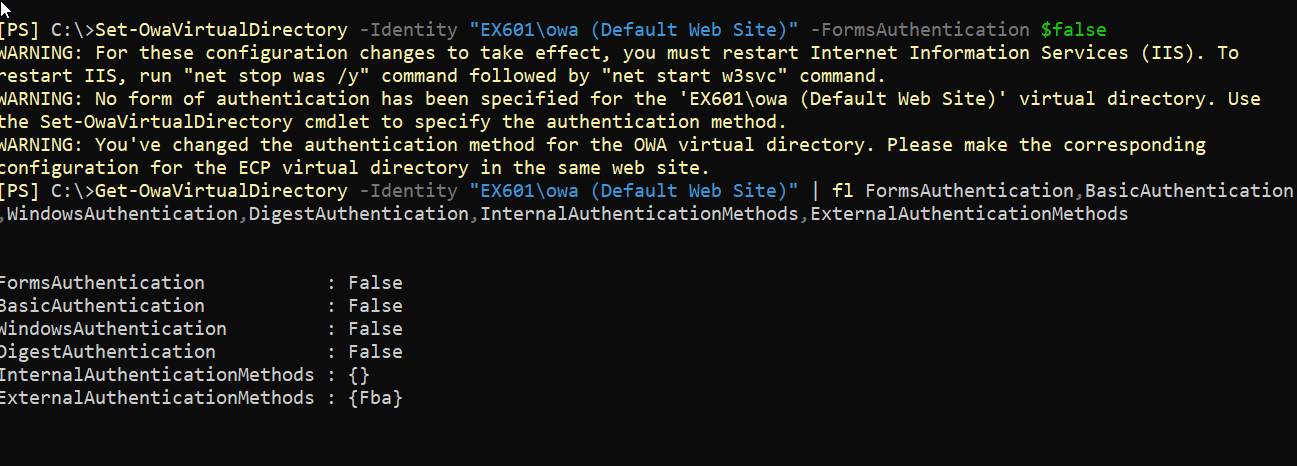 Exchange OWA authentication properties after Forms-Based Authentication was disabled, showing no frontend authentication method enabled