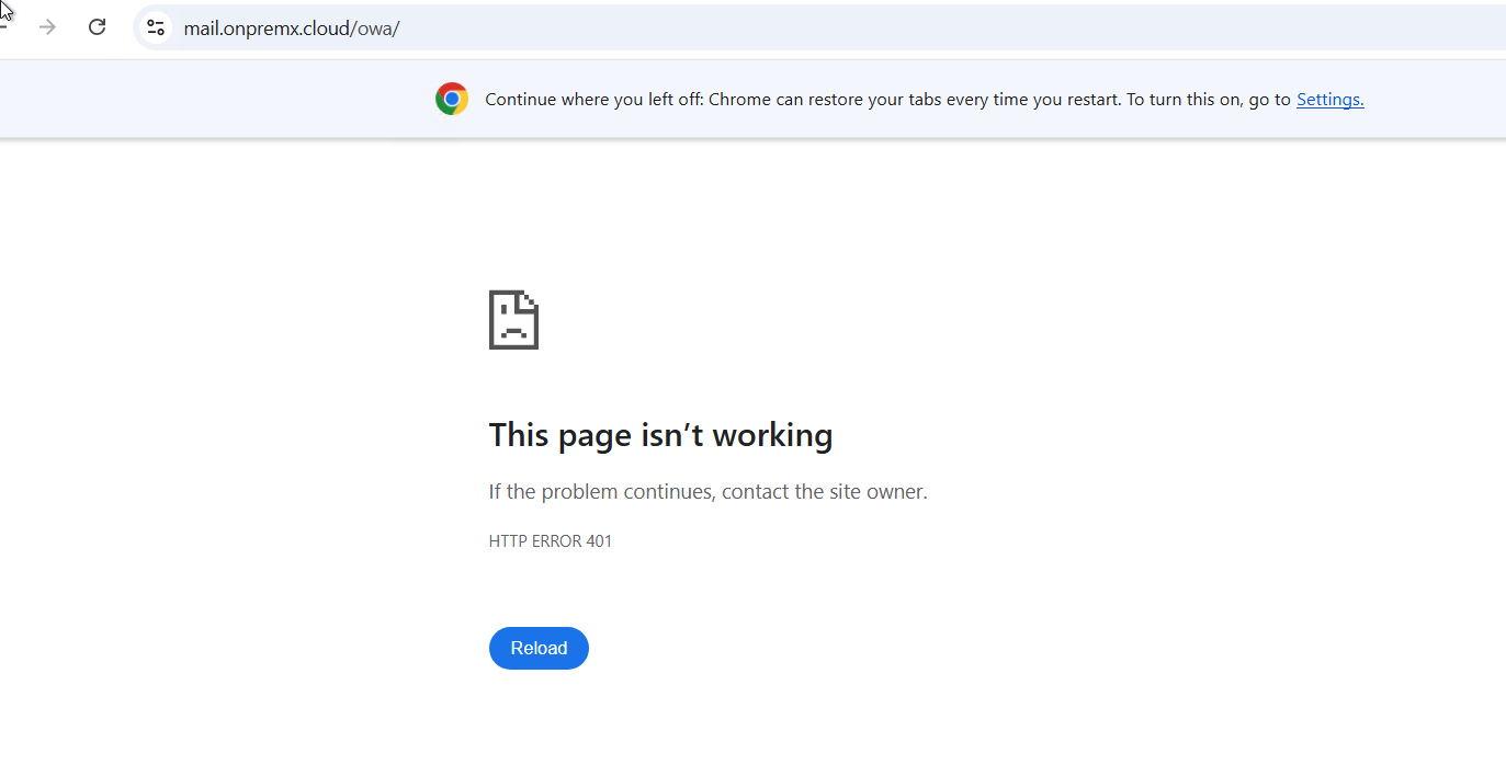 Browser showing HTTP 401 after OWA Forms-Based Authentication was disabled without another frontend authentication method