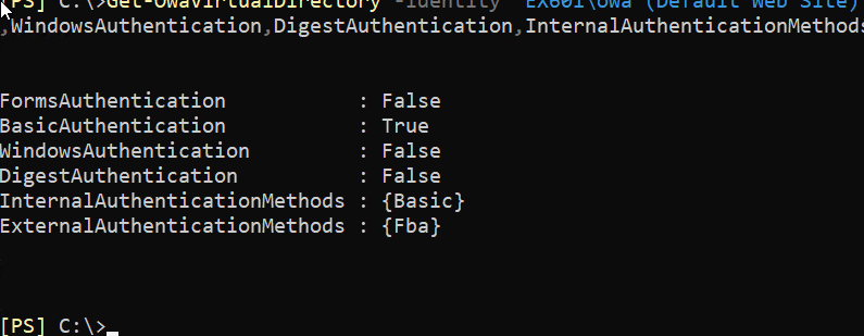 Exchange OWA Basic-only authentication configuration showing FormsAuthentication disabled and BasicAuthentication enabled