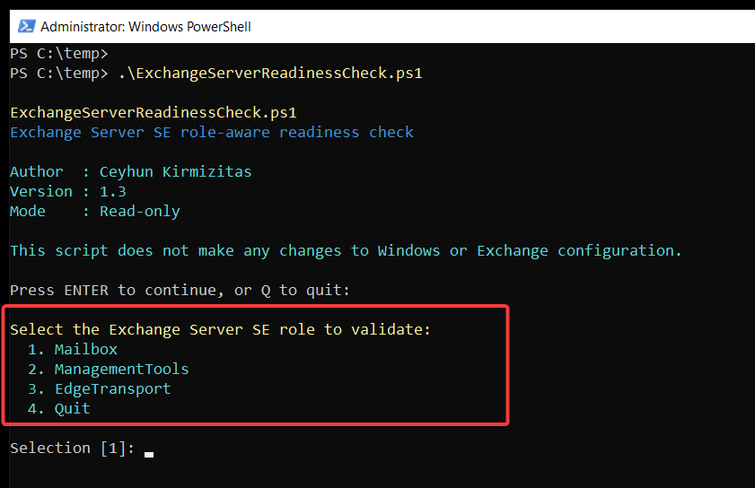 ExchangeServerReadinessCheck PowerShell script startup screen showing read-only mode and Mailbox, ManagementTools, EdgeTransport, and Quit role options.