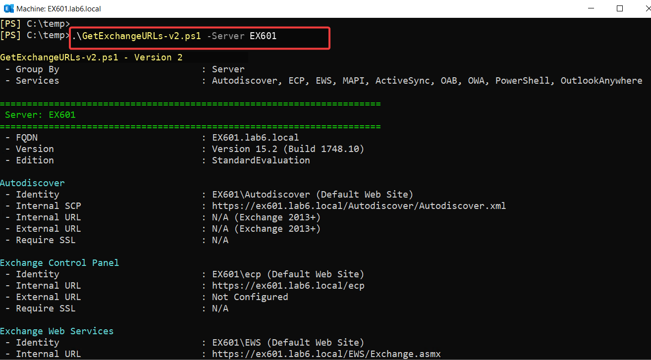 GetExchangeURLs-v2 PowerShell script displaying default Exchange Server Client Access URLs on EX601