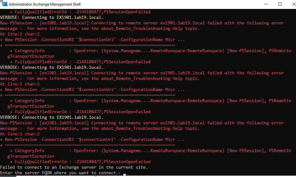 Exchange Management Shell PSSessionOpenFailed error when connecting to the Exchange server