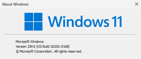 Windows 11 25H2 About Windows showing OS Build 26200.9168