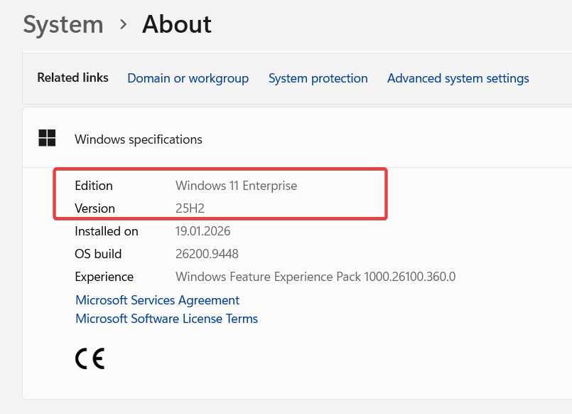 Windows 11 Enterprise 25H2 system information before the 26H2 upgrade