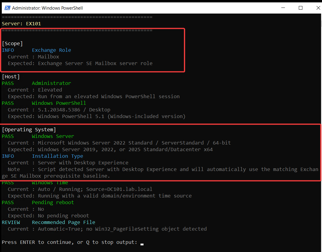 ExchangeServerReadinessCheck Mailbox role output showing Windows Server validation and automatic detection of Server with Desktop Experience.