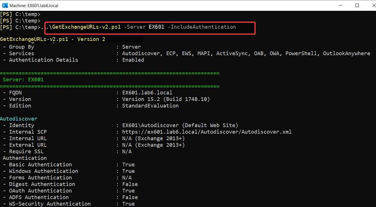 GetExchangeURLs-v2 PowerShell script displaying Exchange Server Client Access URLs and authentication settings on EX601