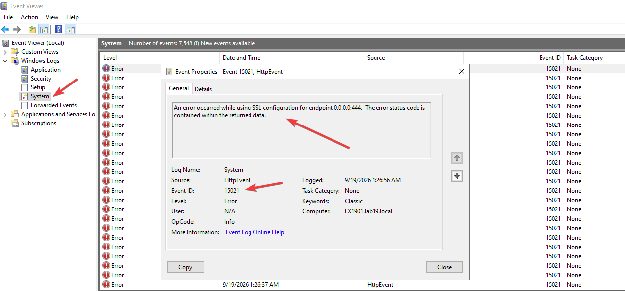 HttpEvent 15021 showing an SSL configuration error on Exchange Back End port 444
