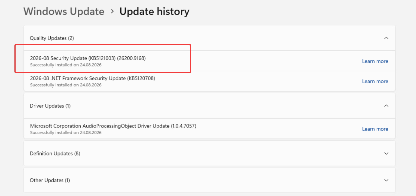 Windows Update history showing KB5121003 installed on Windows 11 25H2