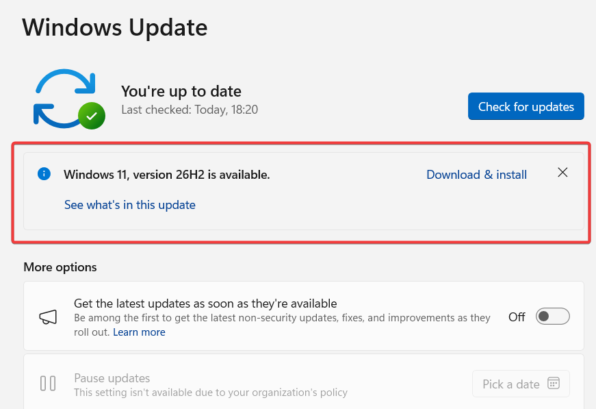 Windows Update offering Windows 11 version 26H2 with the Download and install option