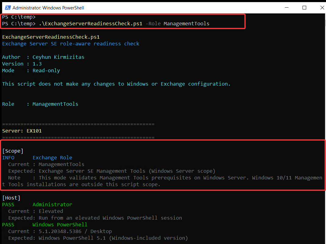 ExchangeServerReadinessCheck output for the ManagementTools role showing role selection and Windows Server Desktop Experience validation.