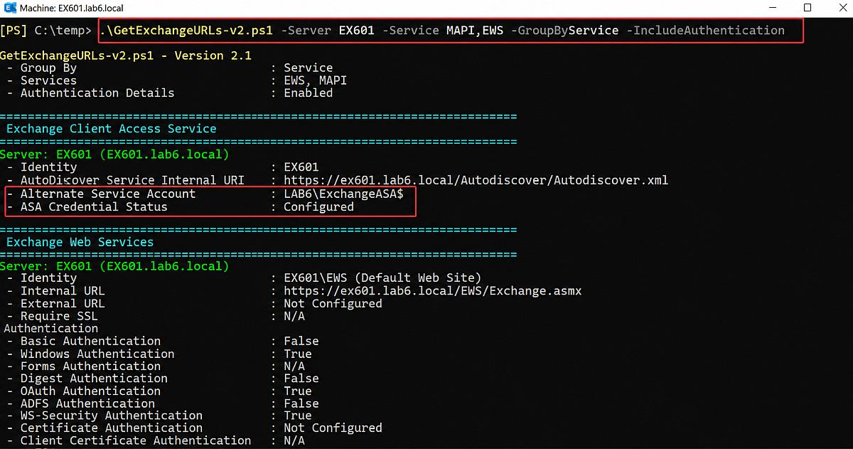 GetExchangeURLs-v2 PowerShell script grouping Exchange Server configuration by service with the GroupByService switch