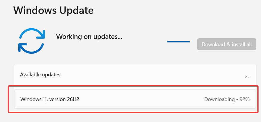 Windows 11 version 26H2 downloading through Windows Update