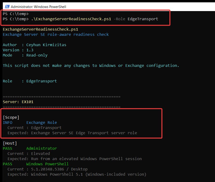 ExchangeServerReadinessCheck output for the EdgeTransport role showing role-specific prerequisites including .NET Framework, Visual C++ and AD LDS.