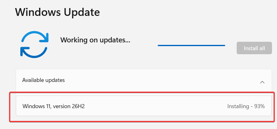 Windows 11 version 26H2 installation progress in Windows Update