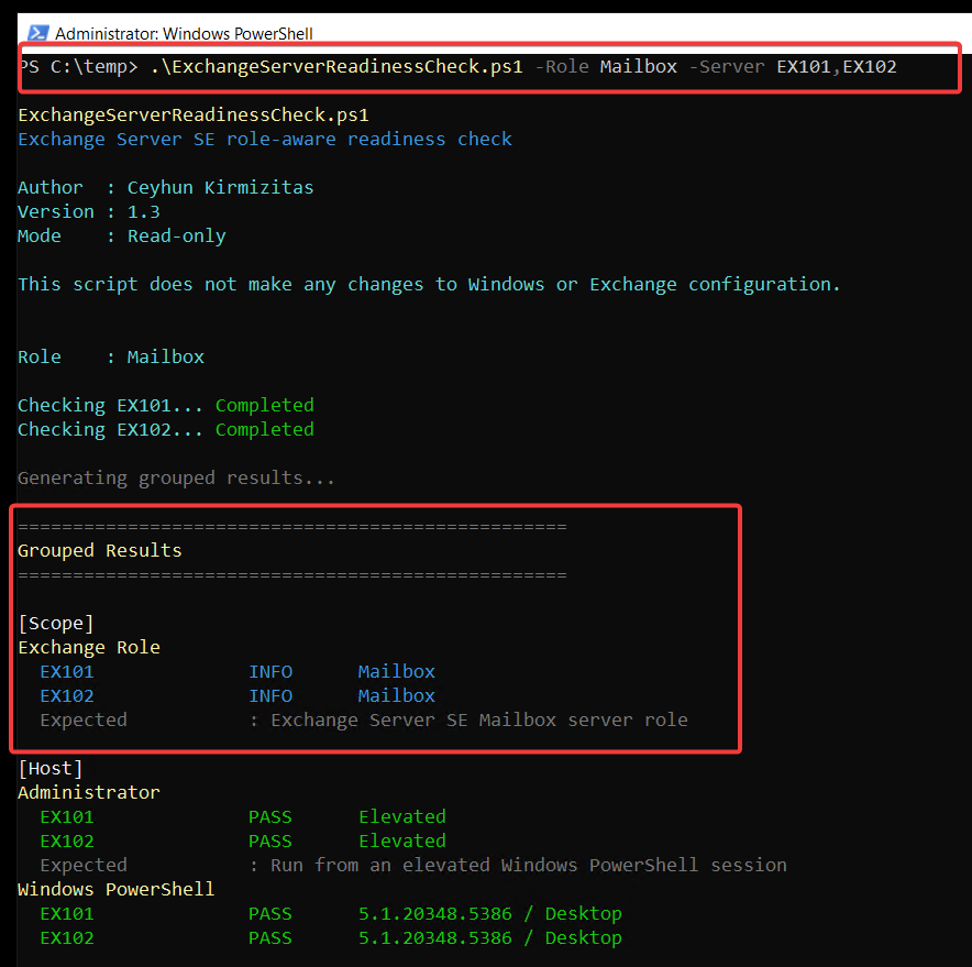 ExchangeServerReadinessCheck grouped results comparing Exchange Server SE readiness checks across multiple servers.