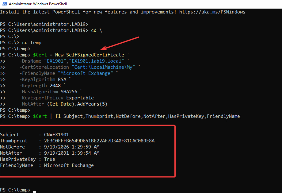 Creating a new Microsoft Exchange self-signed certificate from Windows PowerShell without EMS