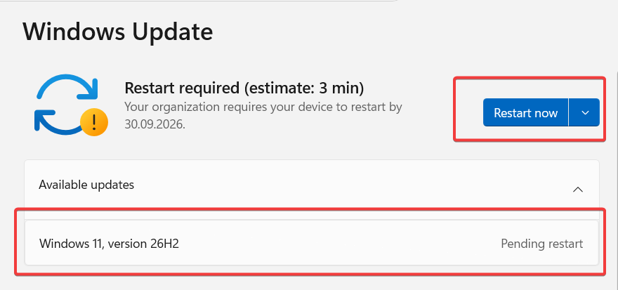 Windows 11 version 26H2 update showing Pending restart and Restart now