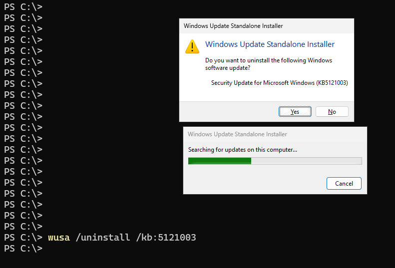 Windows Update Standalone Installer confirming removal of KB5121003