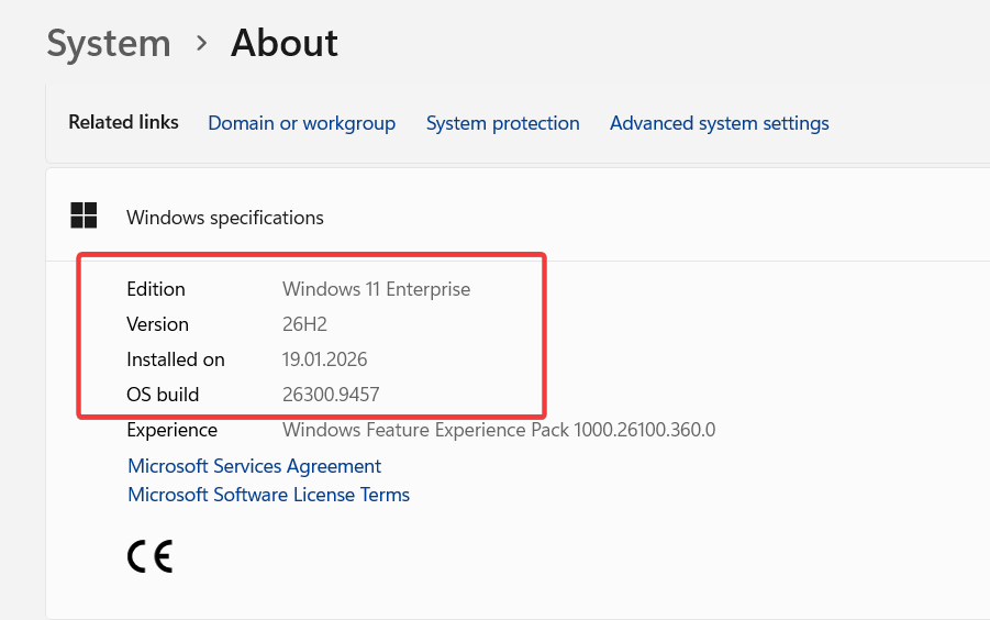 Windows 11 Enterprise 26H2 system information after the upgrade