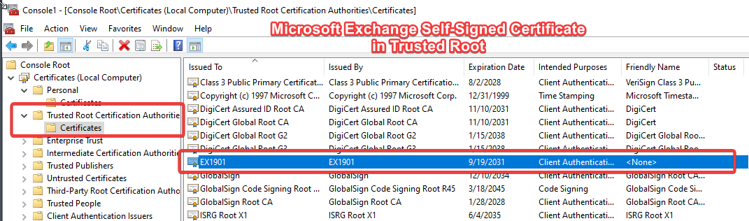 Microsoft Exchange self-signed certificate copied to the Trusted Root Certification Authorities store