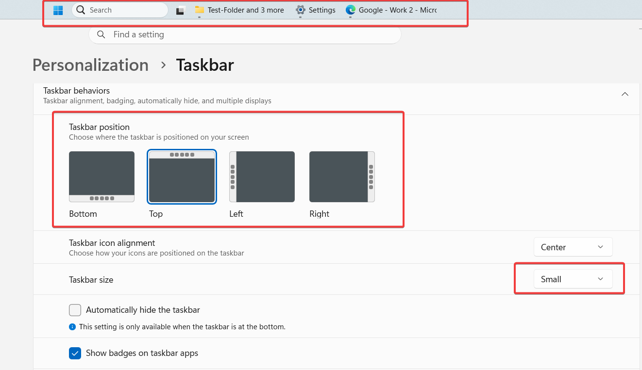 Windows 11 taskbar positioned at the top with Small taskbar size selected