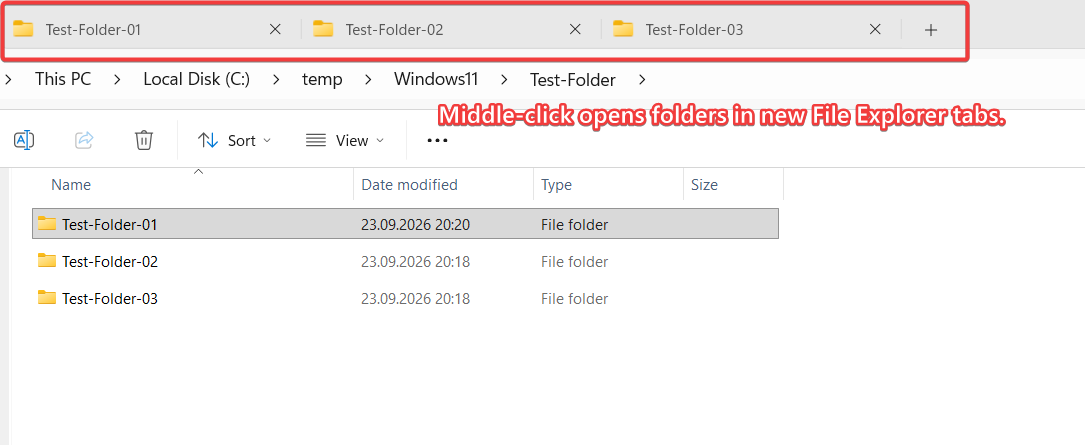 File Explorer folders opened in separate tabs using middle-click