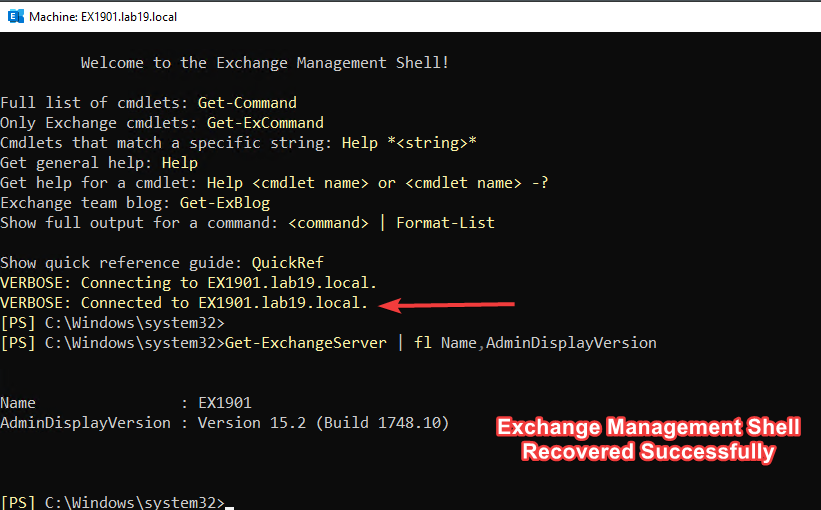 Exchange Management Shell connected successfully after restoring the Exchange Back End certificate binding