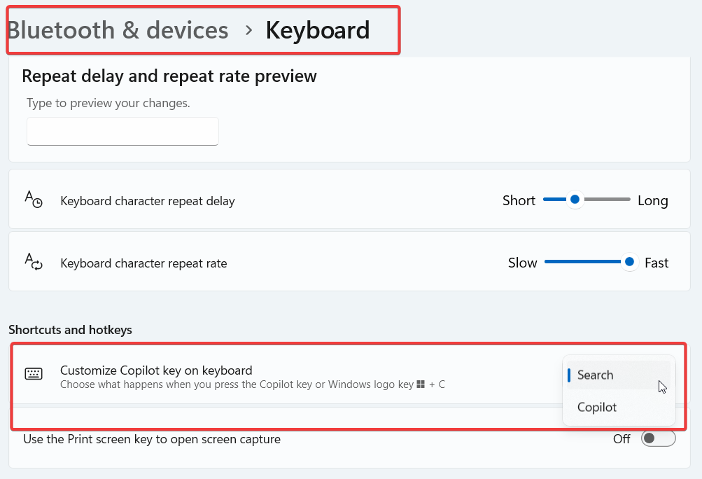 Windows 11 Copilot key customization showing Search and Copilot options