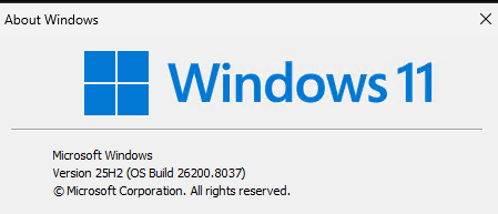 Windows 11 25H2 Build 26200.8037 after uninstalling KB5121003