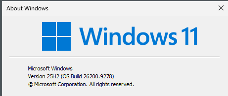 Windows 11 25H2 Build 26200.9278 after installing KB5120998 Preview