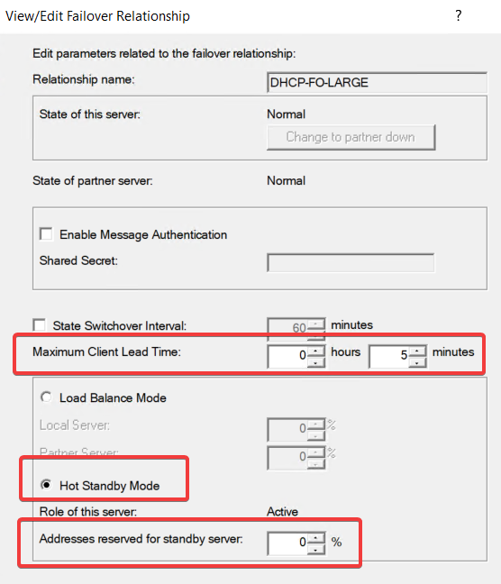 Windows Server DHCP Failover settings showing Hot Standby mode, five-minute MCLT, and 0% standby reserve