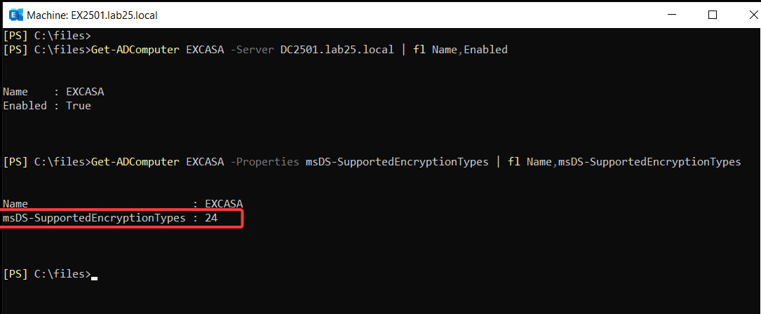 PowerShell output confirming the Exchange ASA computer account is enabled and supports AES128 and AES256 encryption
