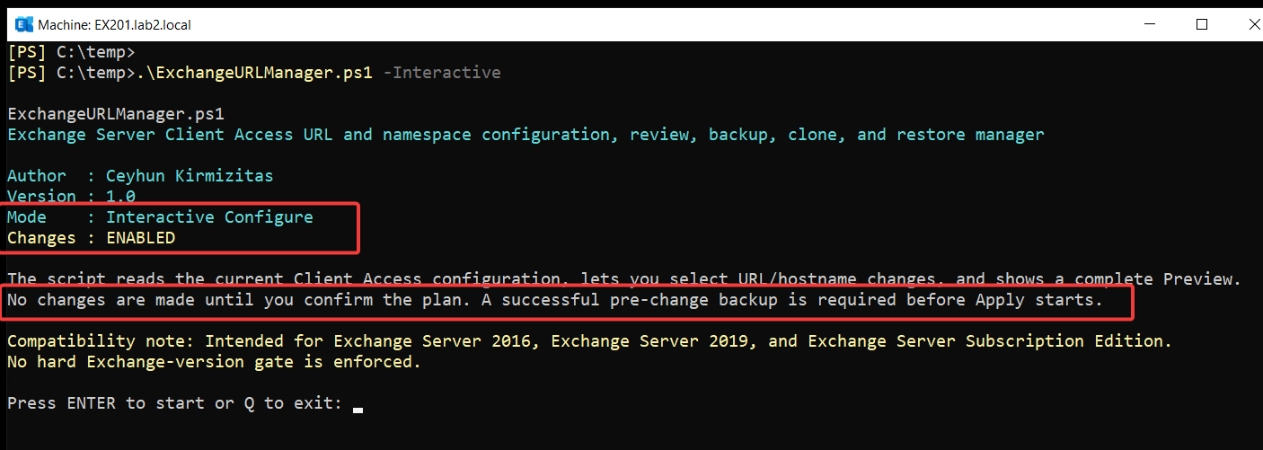 ExchangeURLManager.ps1 Interactive Configure startup showing the selected mode and changes enabled