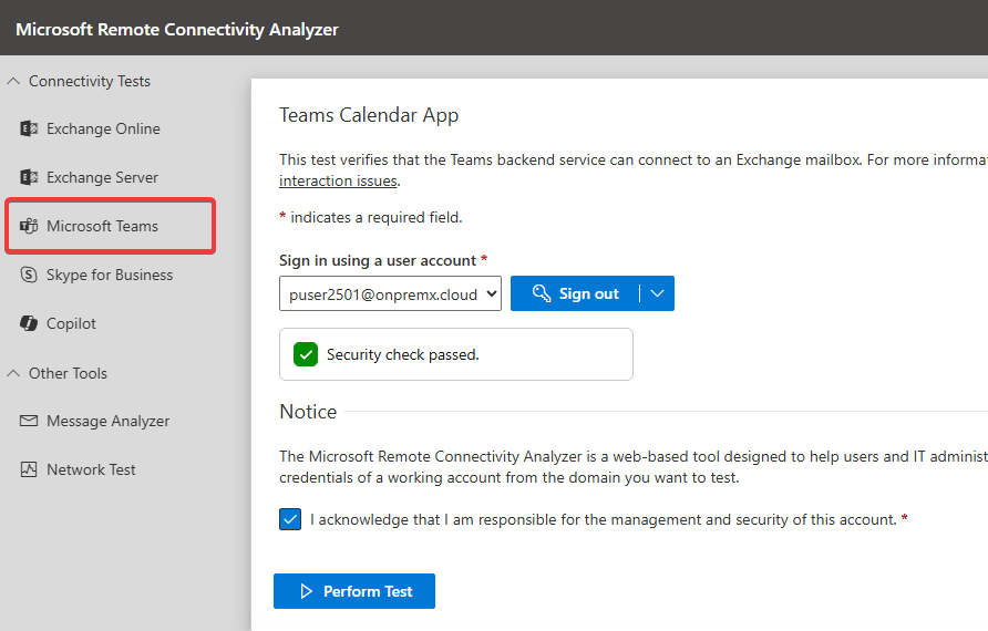 Microsoft Remote Connectivity Analyzer Teams Calendar App test for Exchange Server on-premises mailboxes