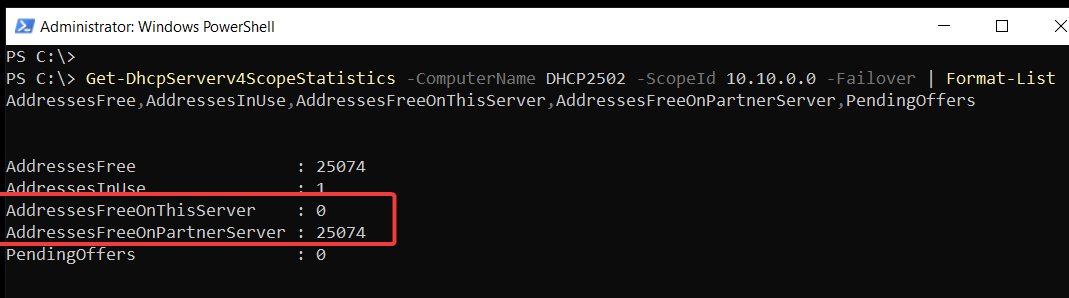 DHCP2502 PowerShell statistics showing 0 free addresses owned by the standby and 25,074 owned by its partner