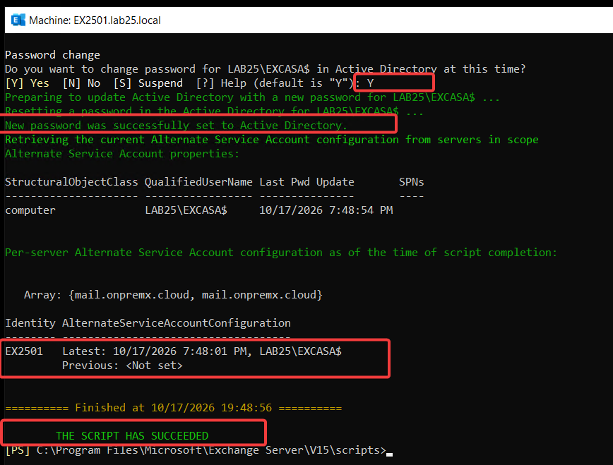 Exchange PowerShell output showing successful ASA credential deployment using RollAlternateServiceAccountPassword.ps1