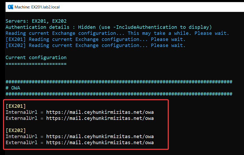 ExchangeURLManager.ps1 Review output showing Client Access URL configuration for EX201 and EX202