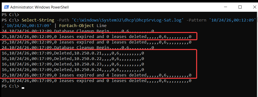 Windows Server DHCP audit log showing zero leases deleted at 00:12:09 and four leases deleted at 00:17:09