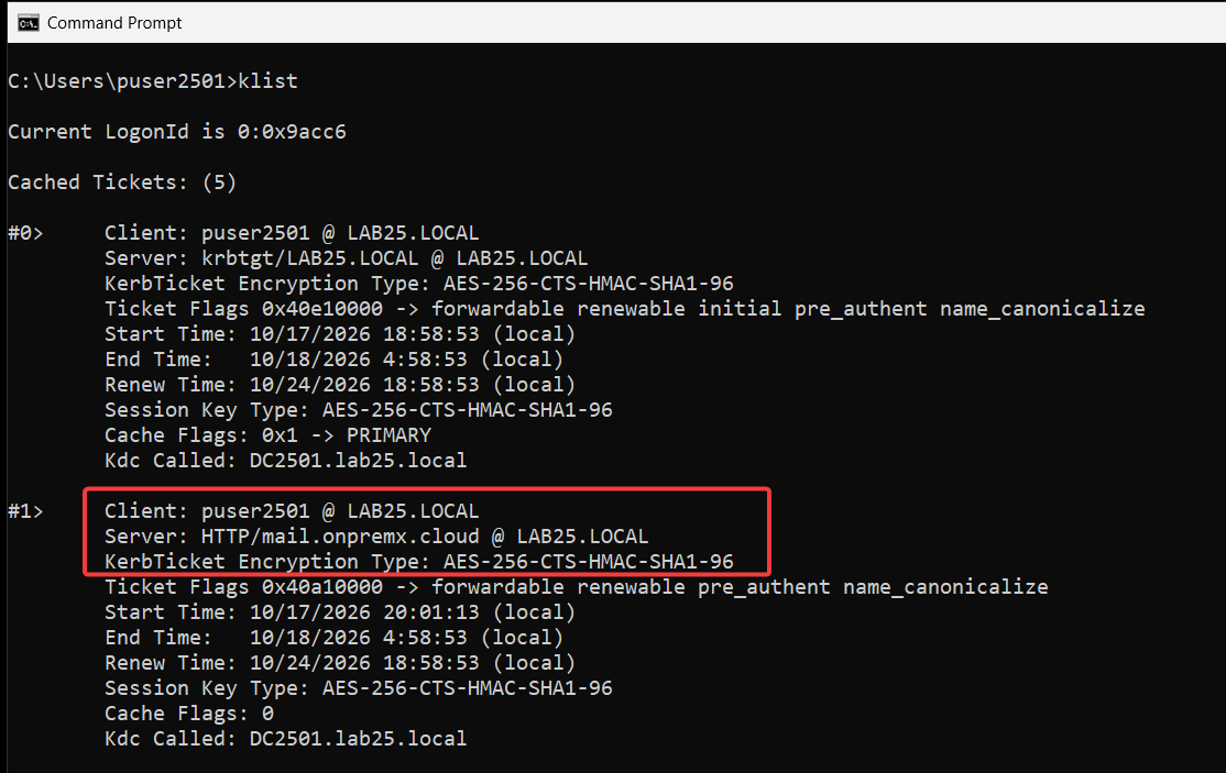 Windows klist output showing an AES256 Kerberos service ticket for HTTP/mail.onpremx.cloud