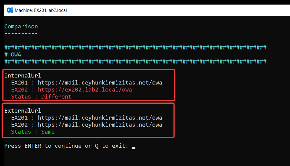 ExchangeURLManager.ps1 Clone comparison showing different and matching OWA URL values between EX201 and EX202