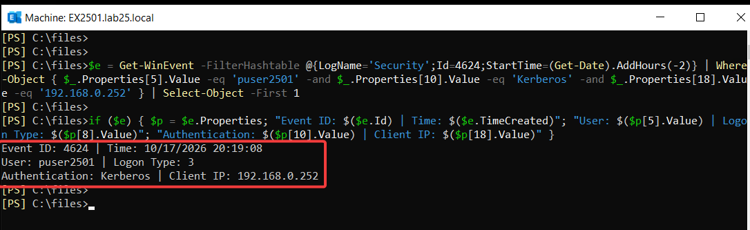 Exchange Security Event 4624 confirming successful Kerberos network authentication for puser2501