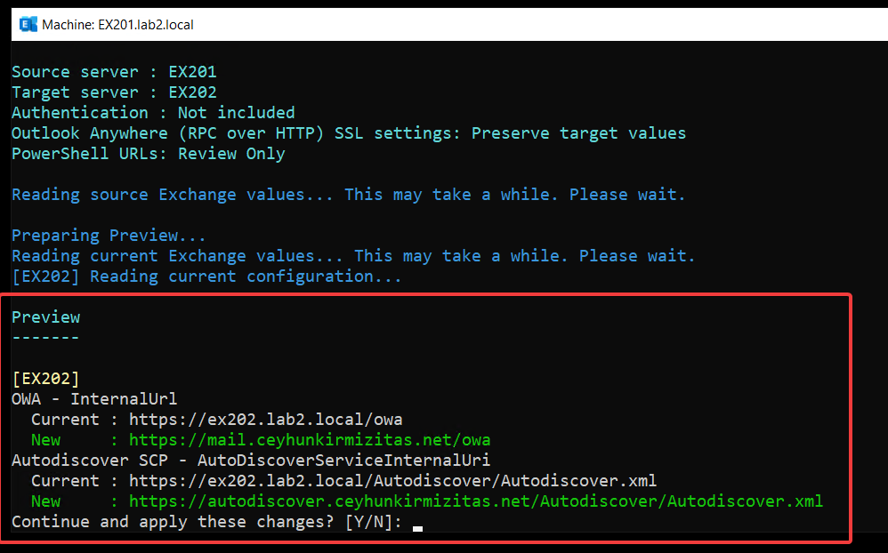 ExchangeURLManager.ps1 Clone Apply Preview showing planned OWA and Autodiscover SCP changes for EX202