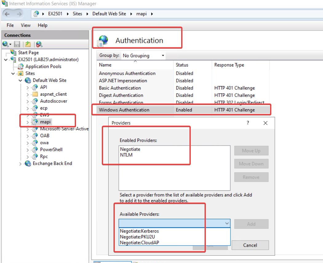 IIS Manager showing Negotiate and NTLM enabled for the Exchange MAPI virtual directory, with Negotiate:Kerberos available as an alternative provider